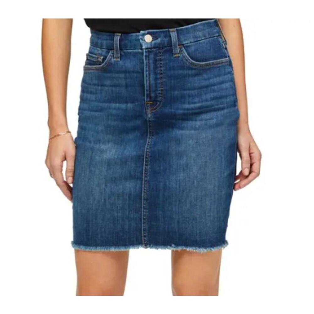 7 For All Mankind Women's Blue Denim Mini Pencil Skirt Size 2 Cabincore Normcore - Picture 3 of 11